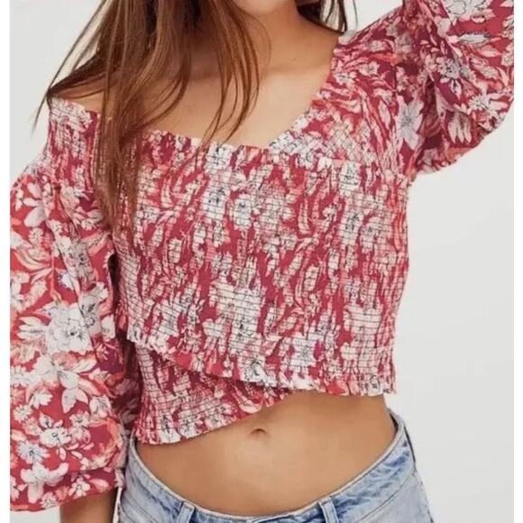 Free People East West Smocked Red Criss Cross Top Small Red Floral Bell Sleeve - Picture 5 of 8